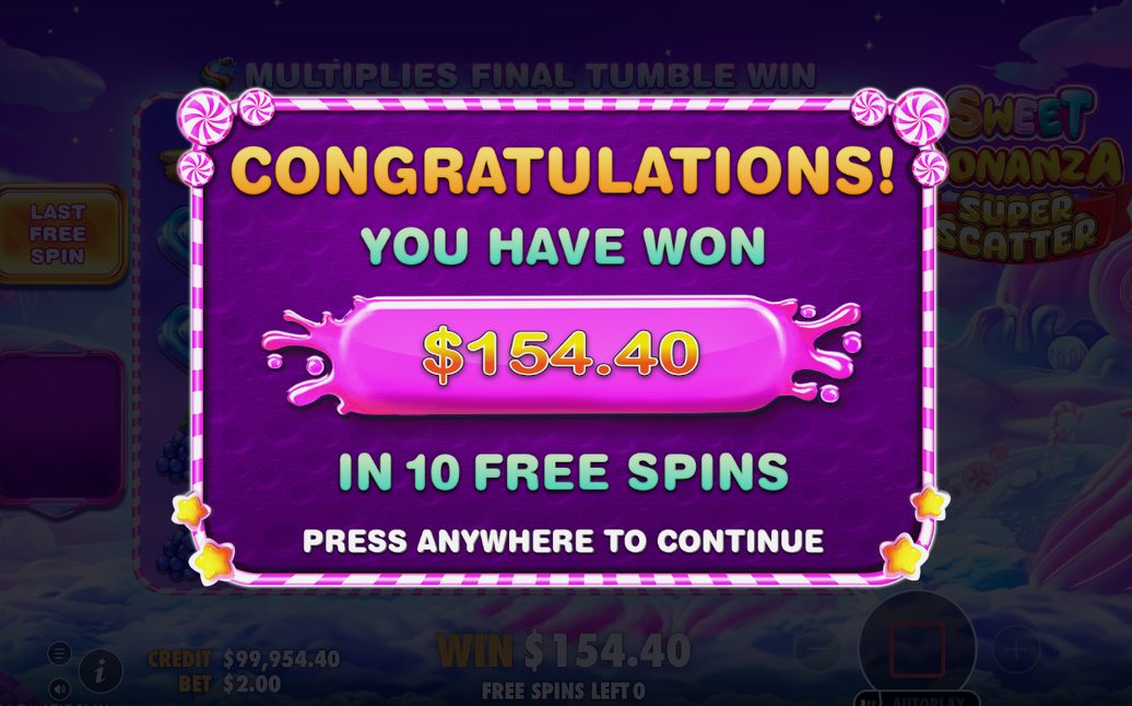 Win screen after a tumble with eight matching symbols